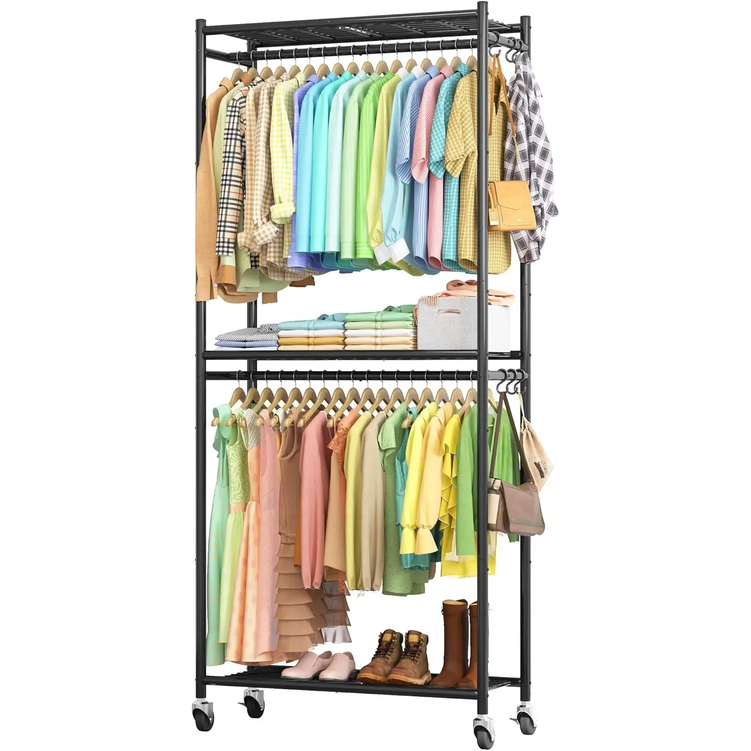 Clothes Rack - 33.0" x 12.2" x 79.5" Clothing Rack with Shelves & Wheels, Multi-Functional Wardrobe Closet with Hooks, Sturdy Metal Garment Rack for Bedroom, Laundry, Balcony (Black)