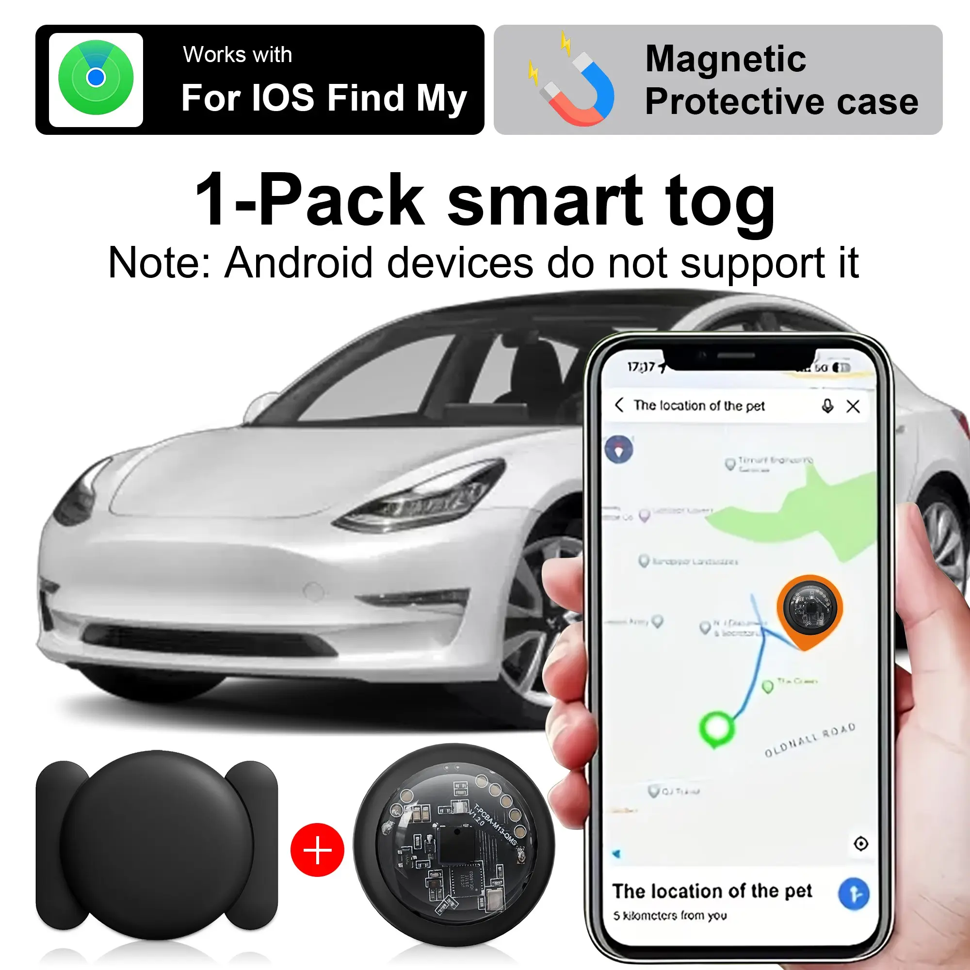 Single-unit compact vehicle tracker, Tracking devices for cars hidden, anti-theft device, comes with a magnetic protective case, works worldwide, no monthly fees, replaceable battery, compatible with iOS Find My, for cars