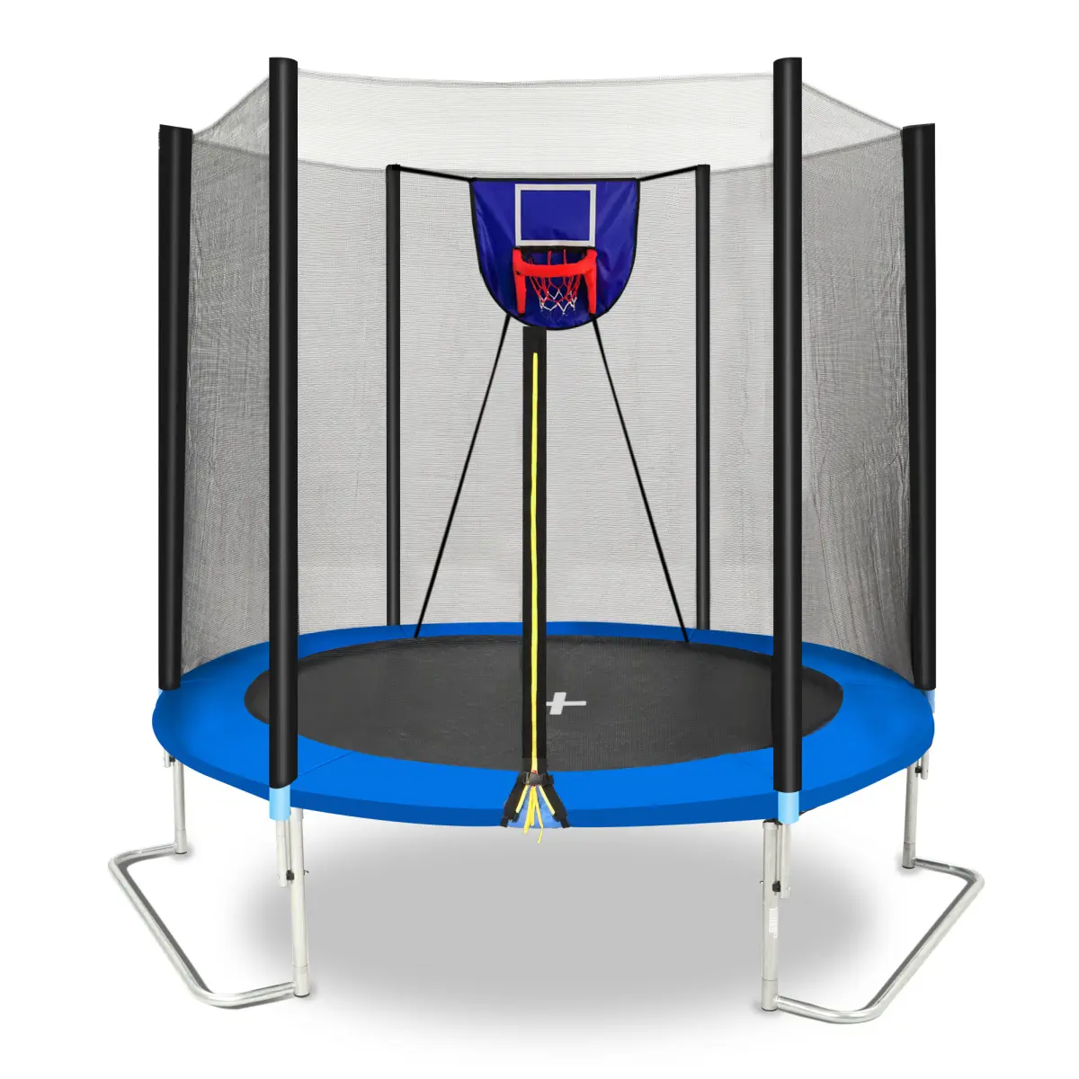 YC 8FT High-Bounce Outdoor Trampoline Outer Safety Net Kit with Galvanized Steel Frame, L-Shaped Legs, Foam Tubes, Adjustable Soft Basketball Board, Ball & Inflator (Blue), Adjustable Ballboard