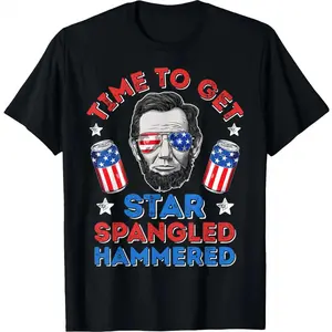Cotton Crewneck Graphic Tees Abe Lincoln 4th Of July Time To Get Star Spangled Hammered T-Shirt for Women Men