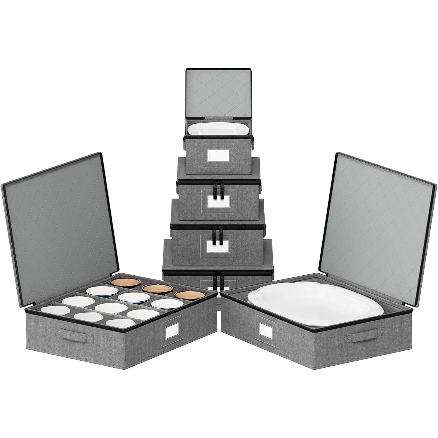 SpaceAid China Storage Containers 6 Pack, Stackable Hard Shell Quilted Cases with Soft Plate Separators, Moving Supplies Packing Boxes for Dishes, Plates, Platters, Mugs, Cups (Grey)