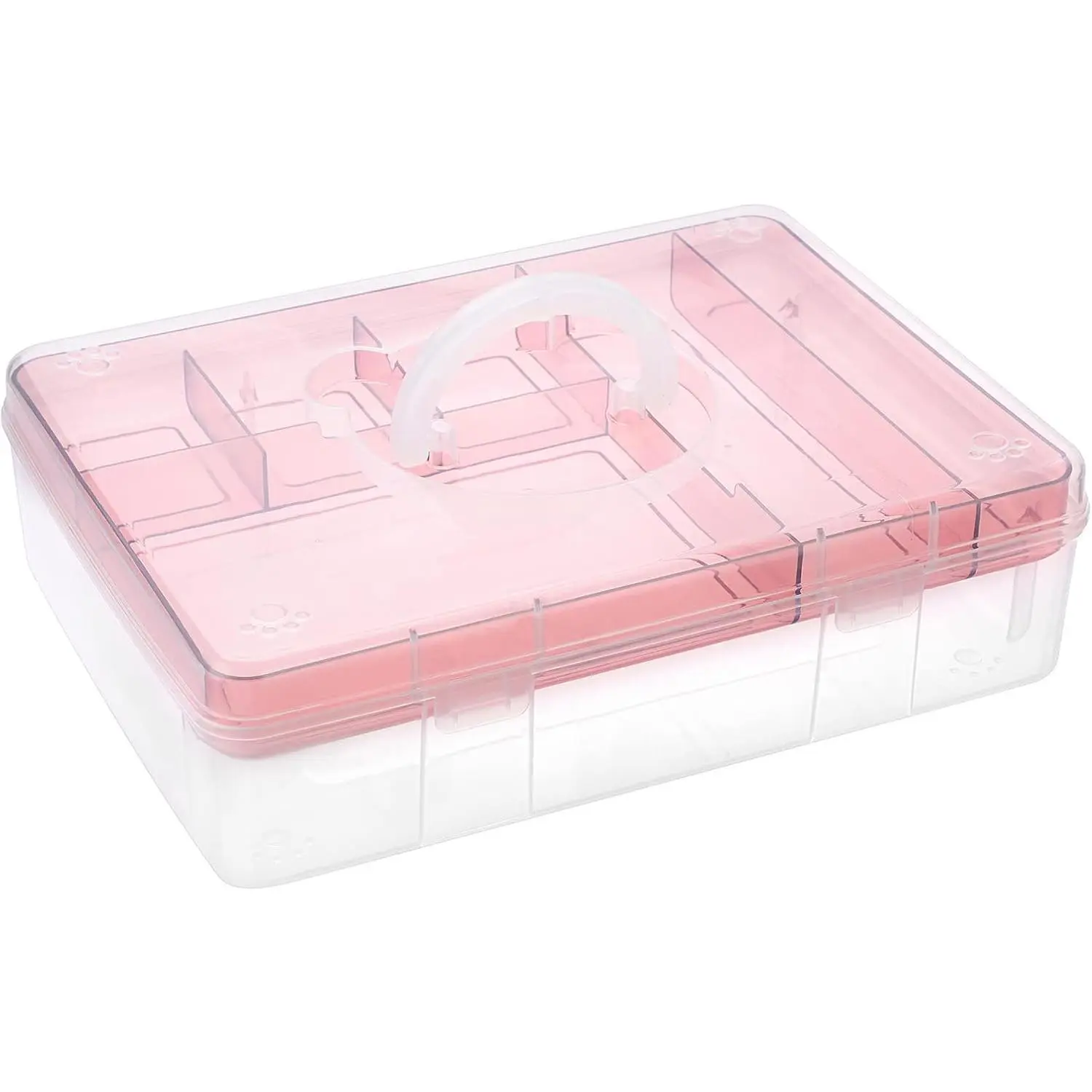 BTSKY 2-Tier Cute Bear Storage Box with Removable Divided Tray Portable Clear Plastic Art Craft Supply Organizer Stackable Home Office Supplies Storage Container for Pens Notes A4 papers etc (Pink)