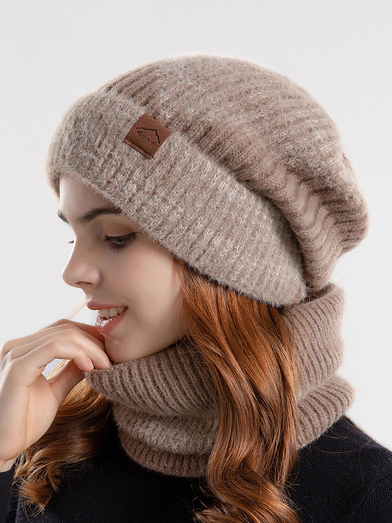 Women's Solid Color Patched Beanie Hat & Scarf Set, Casual Thickened Warm Cozy Hat & Scarf, Fashion Accessories for Fall & Winter