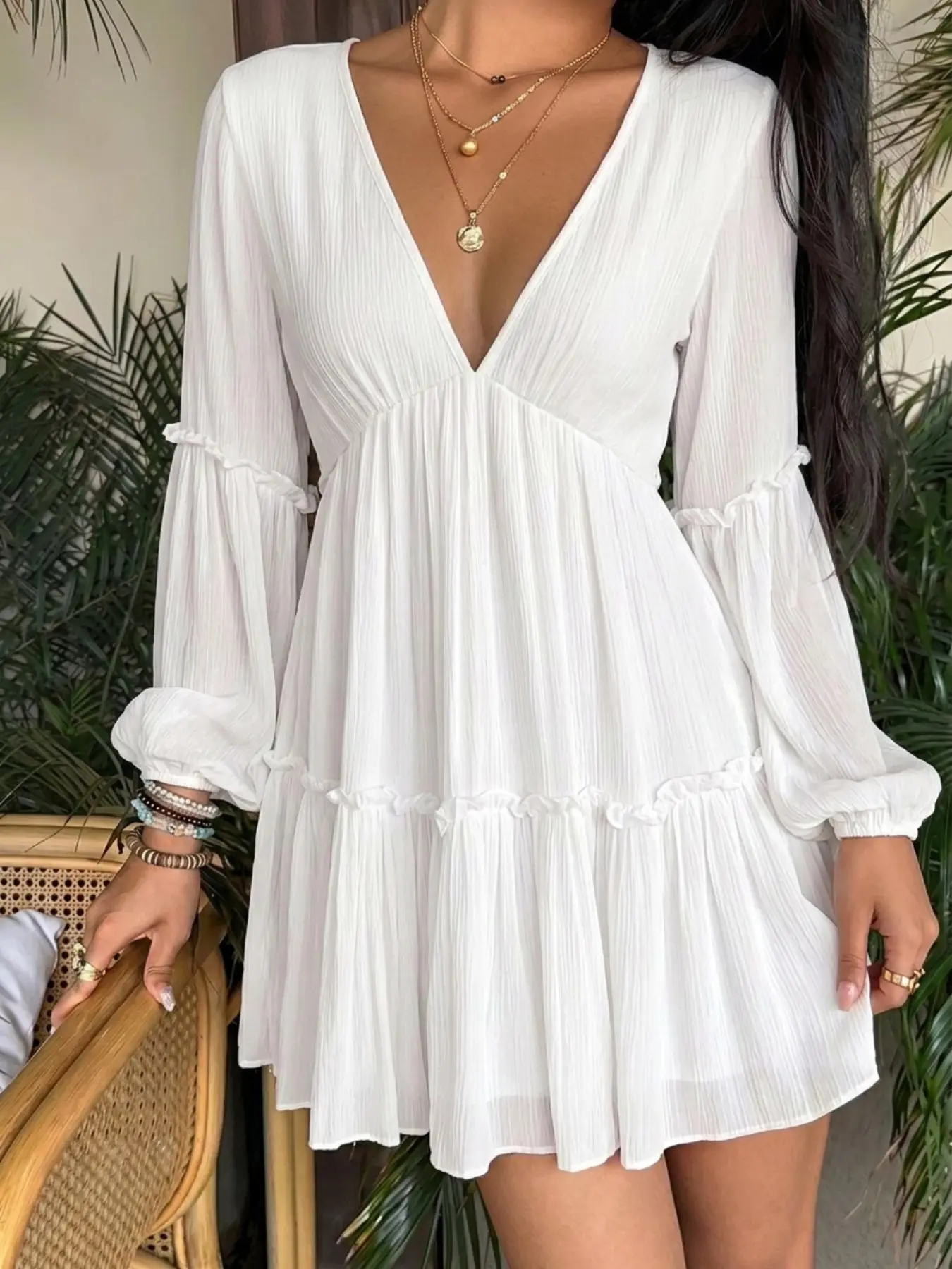 French Textured, Feminine Women's White V-Neck Layered Ruffled Lantern Sleeves Mini Dress — A Top Summer Beachwear Pick of 2026. Crafted with soft fabric, perfect for vacation, brunch and casual wear outfits