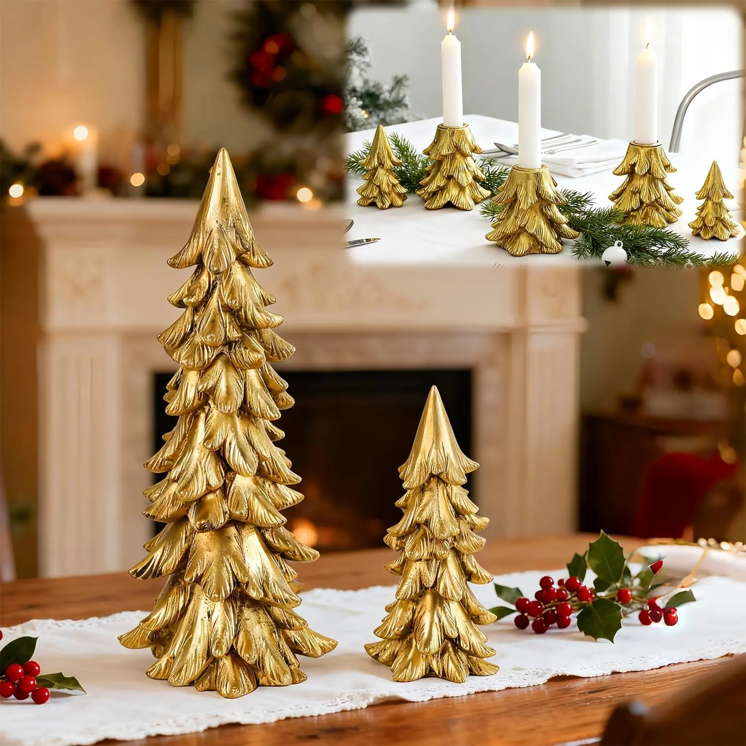 Christmas Table Decorations,  Xmas Golden  Tree Candle Holders Set, Combined into Golden Tabletop Pine Tree for Holiday Wedding Party Mantle Fireplace Dining Room Centerpieces