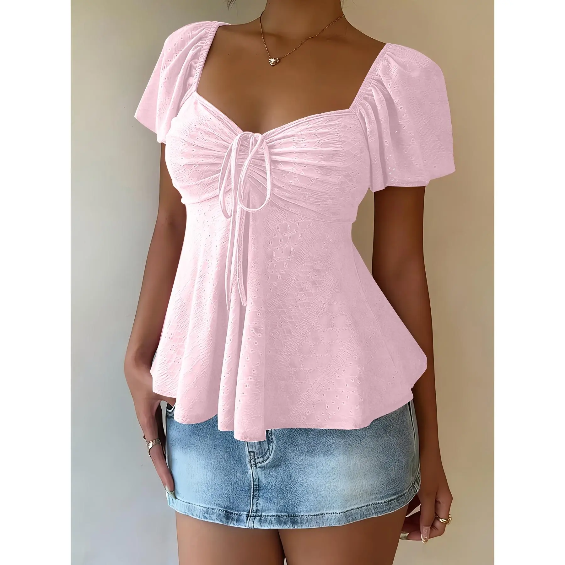 Women's Elegant Jacquard Peplum Top, Solid Knit V-Neck Blouse with Drawstring Front and Feminine Flared Hem