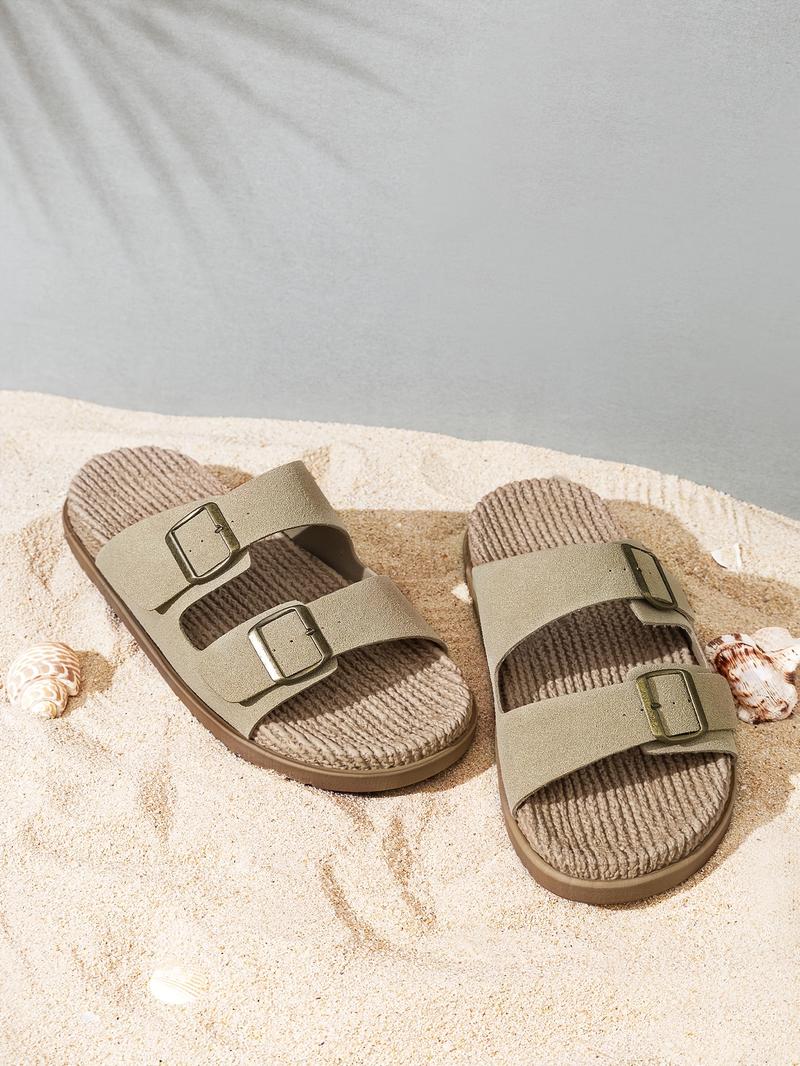 Men's Retro Solid Color Open Toe Breathable Slippers, Comfortable and Non-Slip Durable Double Buckle Strap Sandals, Men's Footwear