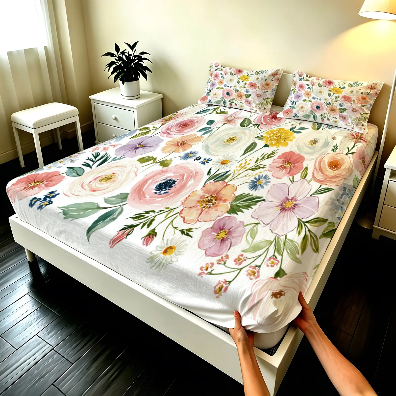 3pcs Fitted sheet Watercolor Floral Printed Bedding Set Soft Microfiber Breathable Wrinkle Resistant Fade Proof Machine Washable Fitted Sheet Set for Bedroom Home Use Decorative Bedsheet Sets Fit Twin Full Queen King Size