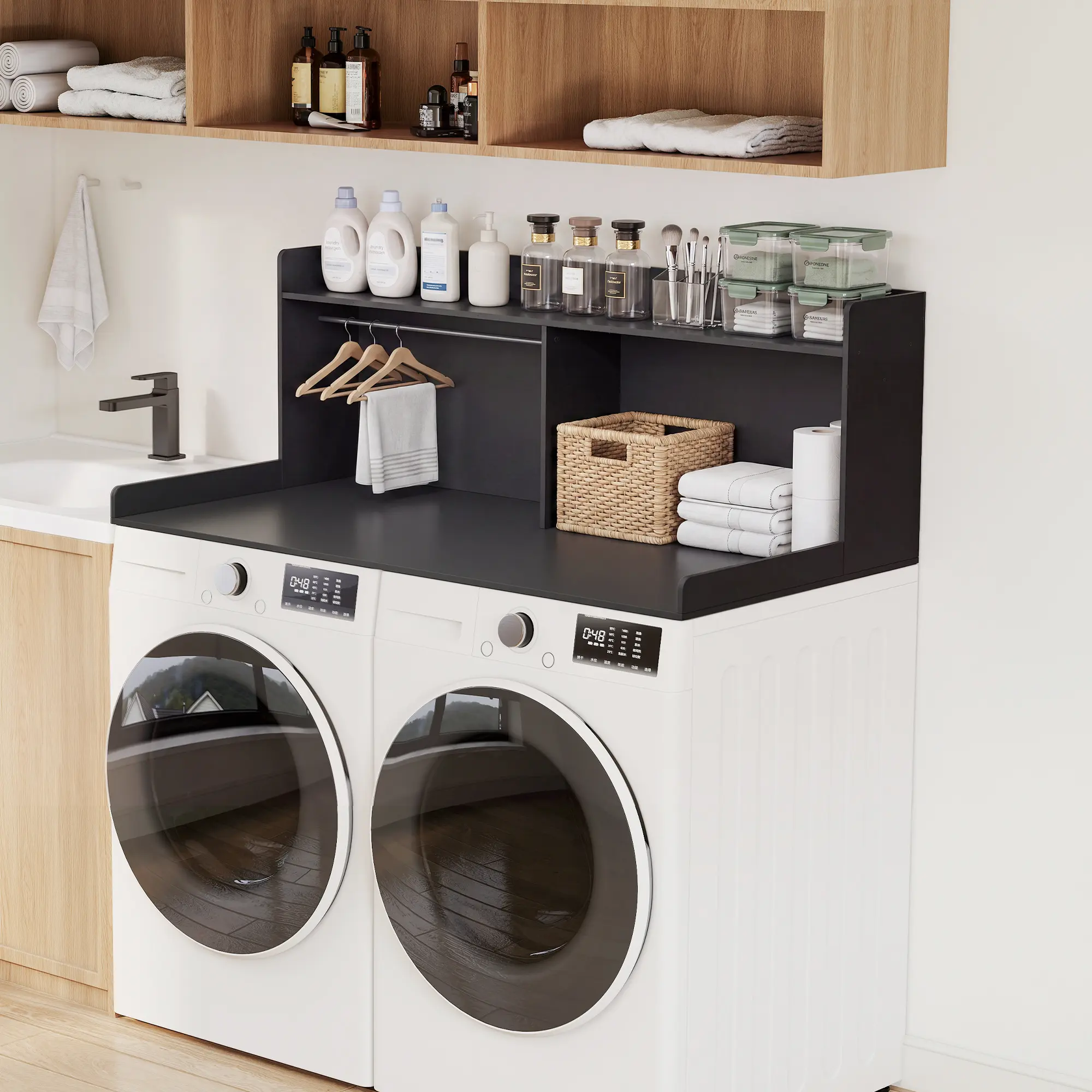 2 Tier Washer Dryer Countertop with Hanging Rod, Laundry Topper with Non-Slip Pads & Raised Edge, Heavy-Duty Shelf for Folding, Storage & Drying