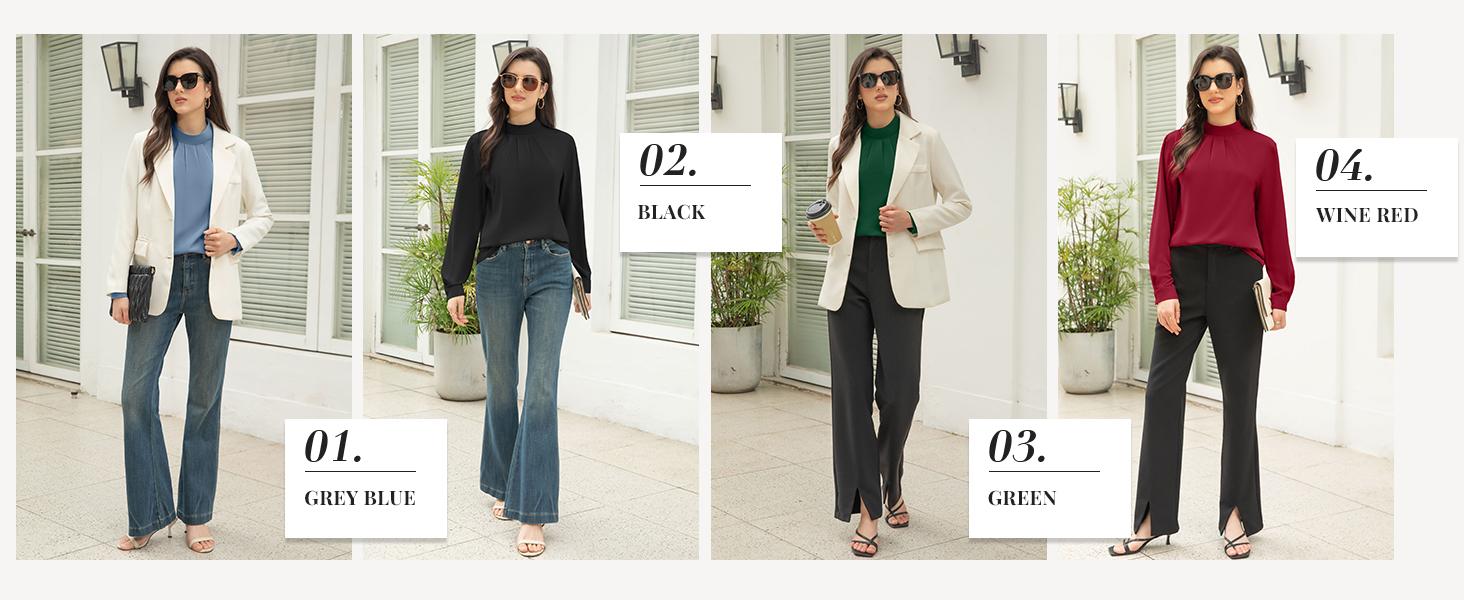 Women's Long Sleeve Chiffon Blouse - Mock Neck, Front Pleated, Fall Trendy Tunic - Soft Fabric, Elegant Design, All Match, Various Occasions, Stand Collar, Multiple Colors plus size fashion #Springfresh