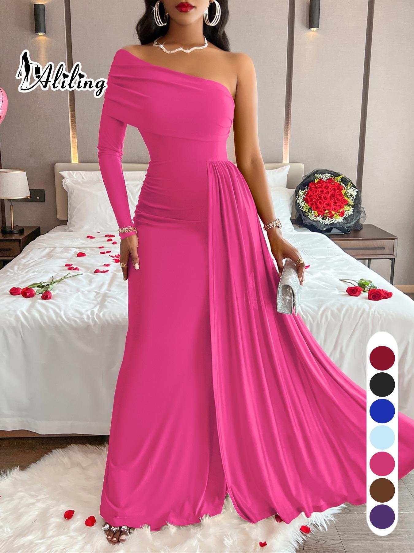 Aliling Women's Elegant Christmas Evening Dress, Asymmetrical One-Shoulder Maxi Gown, High-Waisted Ruched Long Dress, Formal Wear