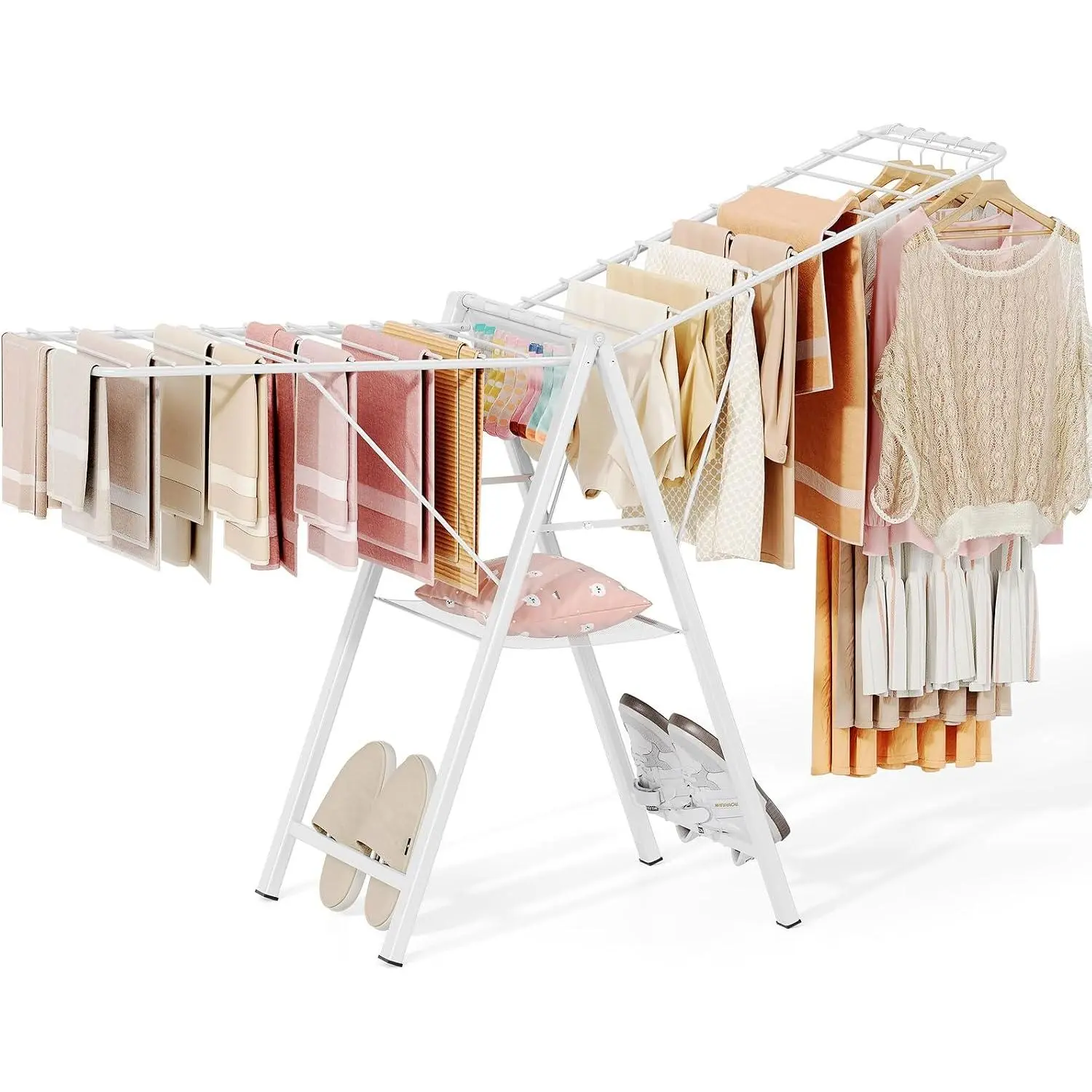 Drying Rack for Clothing Foldable, Metal Laundry Rack Collapsible, Ultra Thin Gullwing Clothes Airer with Adjustable Height for Towel Baby Clothes Indoor Outdoor Laundry Room, White