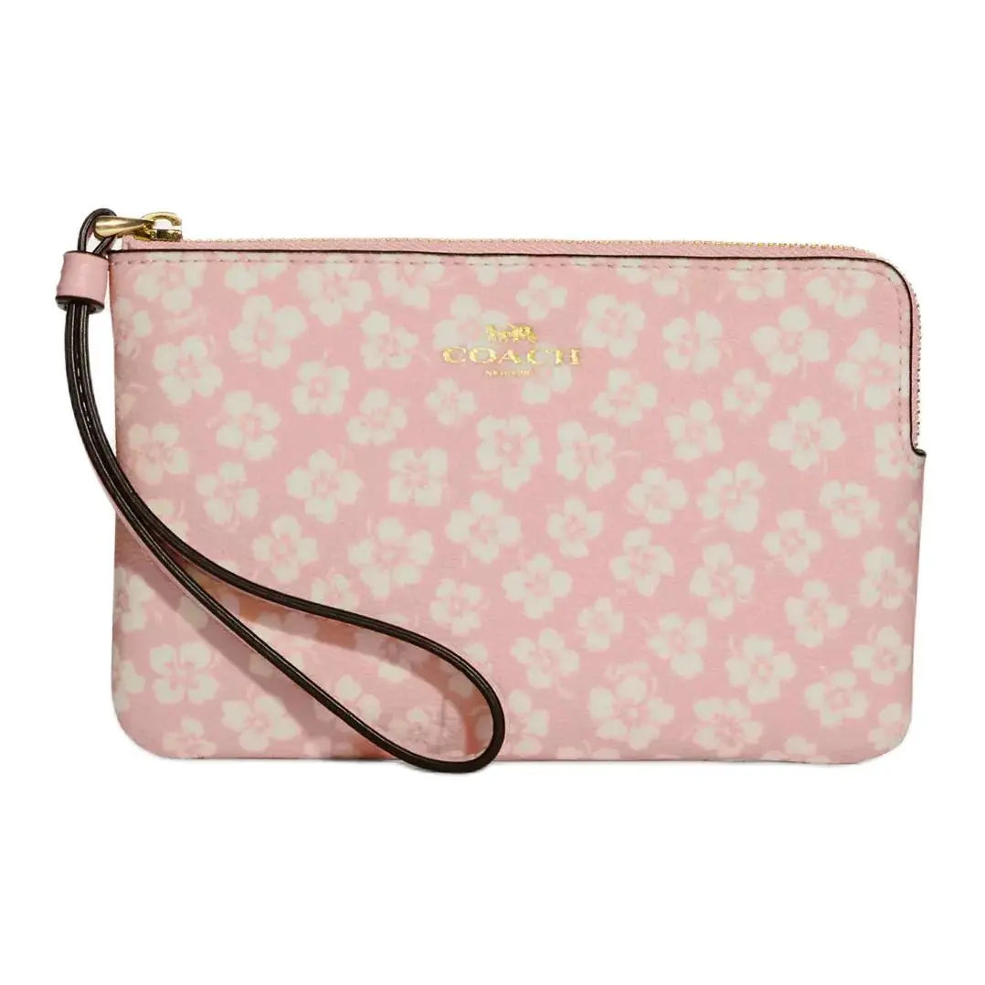 COACH Corner Zip 16 Floral Print Vegan Leather Wristlet Bag for Women – Pink and White