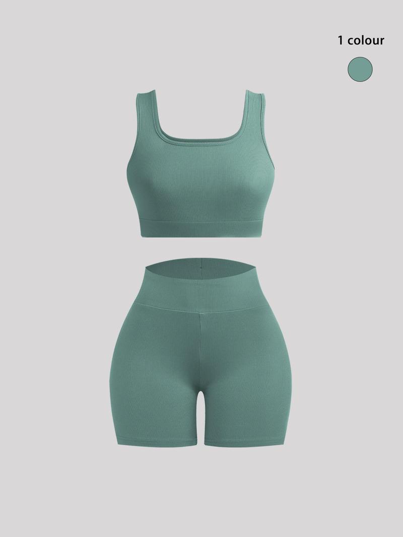 Women's Solid Ribbed Set, Casual Crop Tank Top & High Waist Skinny Shorts, Summer Outfits, Womenswear