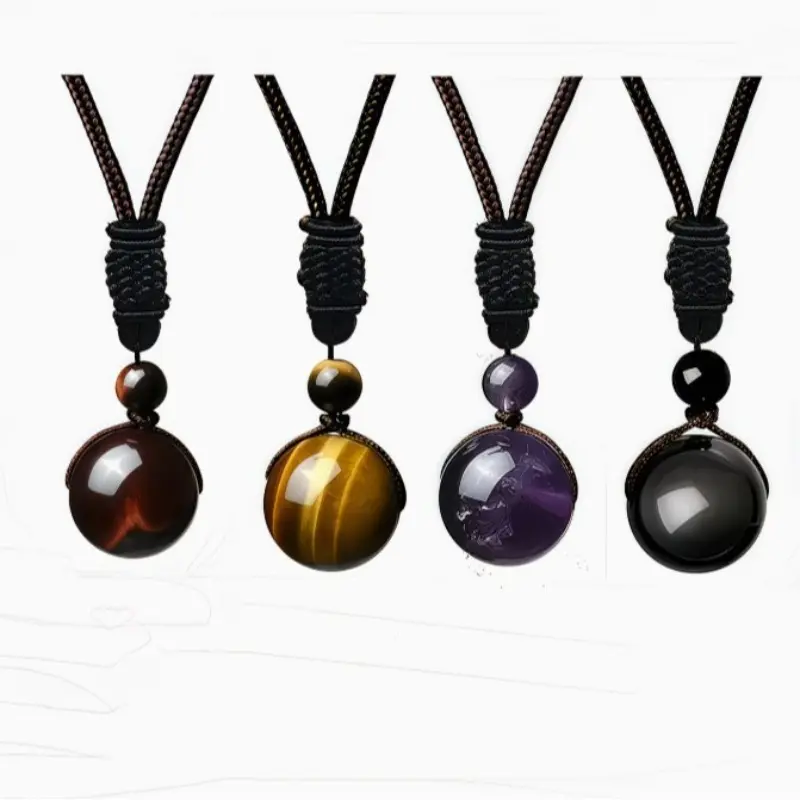 Unisex Healing Crystals Necklace Natural Tiger Eye Amethyst Lucky Blessing Protection Chakra Beads Stone Pendant Handmade Adjustable Chain for Women Men