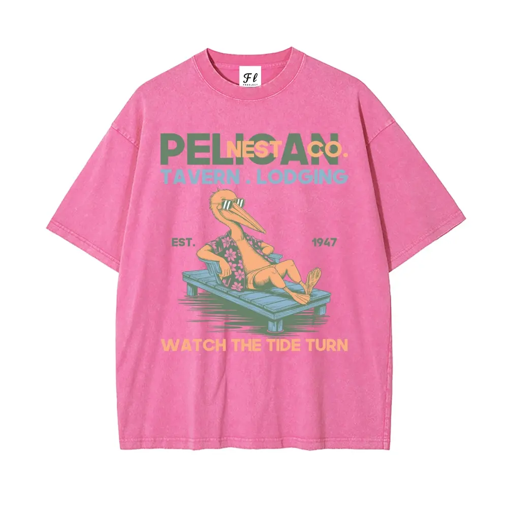 Unisex Vintage Pelican Graphic Washed T-Shirt, 100% Cotton Y2K Oversized Short Sleeve Tee, Retro Coastal Streetwear Top with Round Neck Design for Men and Women, Casual Summer Daily Wear, Travel and Outdoor Fashion