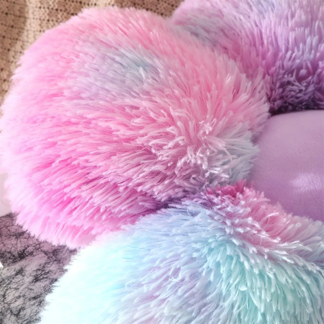 Faux Fur Pillow,Flower Shaped Throw Pillow Butt Cushion Flower Floor Pillow,Seating Cushion,Cute Room Decor & Plush Pillow for Bedroom Sofa Chair (19.7 Inches, Rainbow Purple)