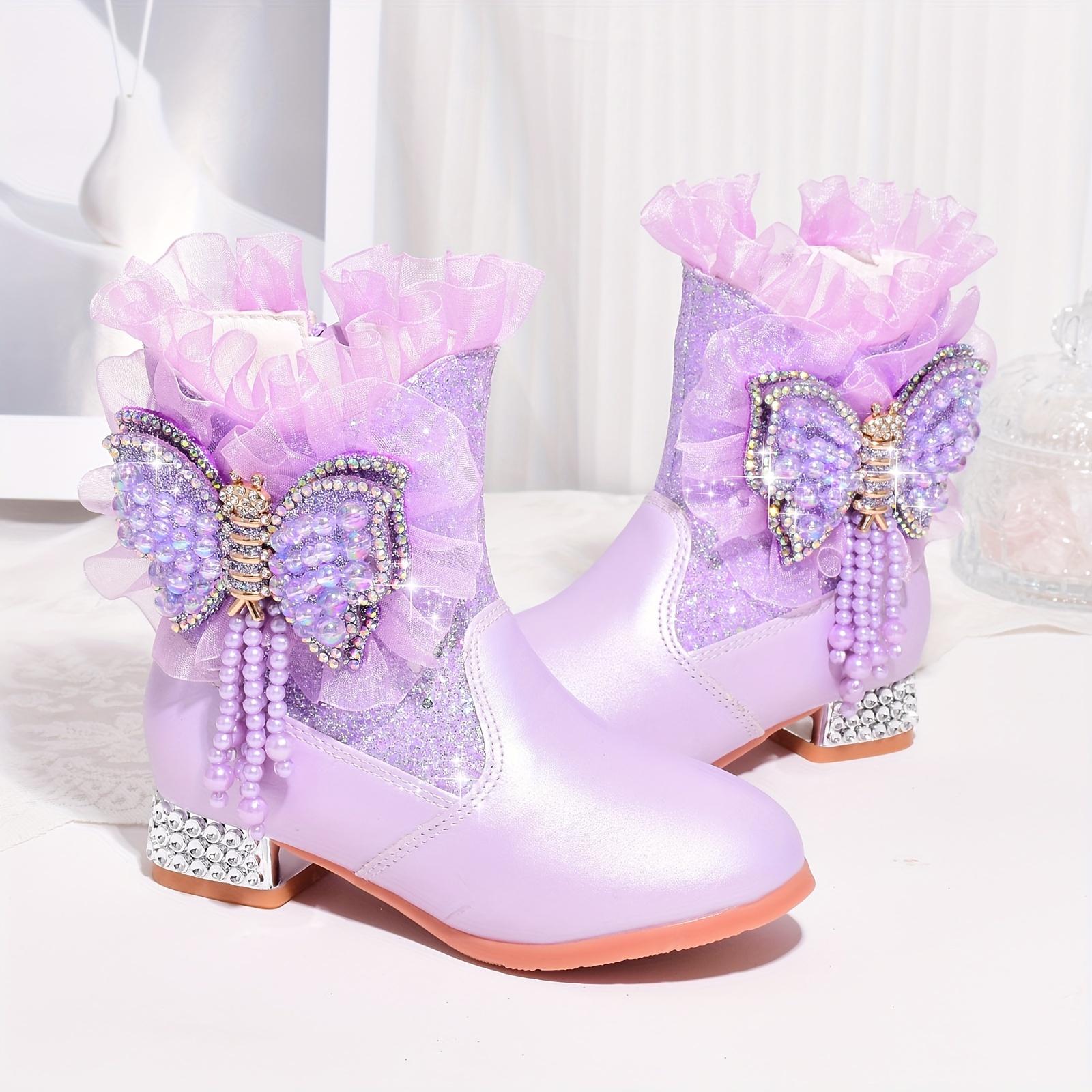 Warm Boots Winter Fleece Lined |                   Fashion Short Boots for Girls New Warm High Heel Princess Bowknot Daily Shoes