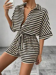 Summer New Arrival Shirt Romper, Aesthetic Fashion Commuter Style Striped Collar Open Front Button Waist Belt Romper, Trendy Everyday Casual Wear