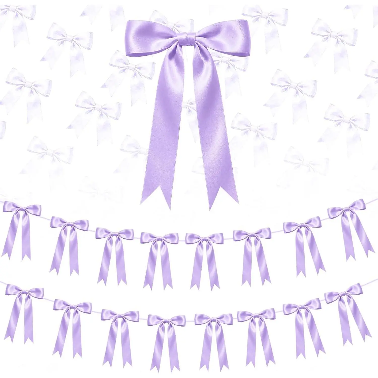 Coquette Purple Satin Bow Garland Banner - 2 Pre-Strung Strings, 16 Bows, 6.7ft Chain Satins Party Decor for Girls Room, Birthday Celebrations