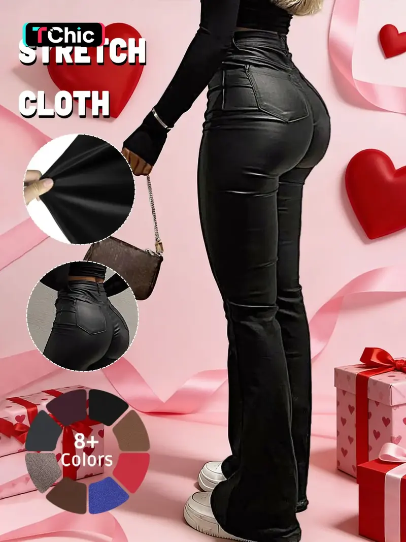 GILIPUR Y2K High Waist Coating Flare Leg Pants,Casual Lounge Pants Comfy Plain Button Pocket Trousers,Women's Ladies Bottoms For All Seasons Fall & Winter Clothes,Stretchy Coating  Flared Leg Pants,Kardashian Style,T-Chic