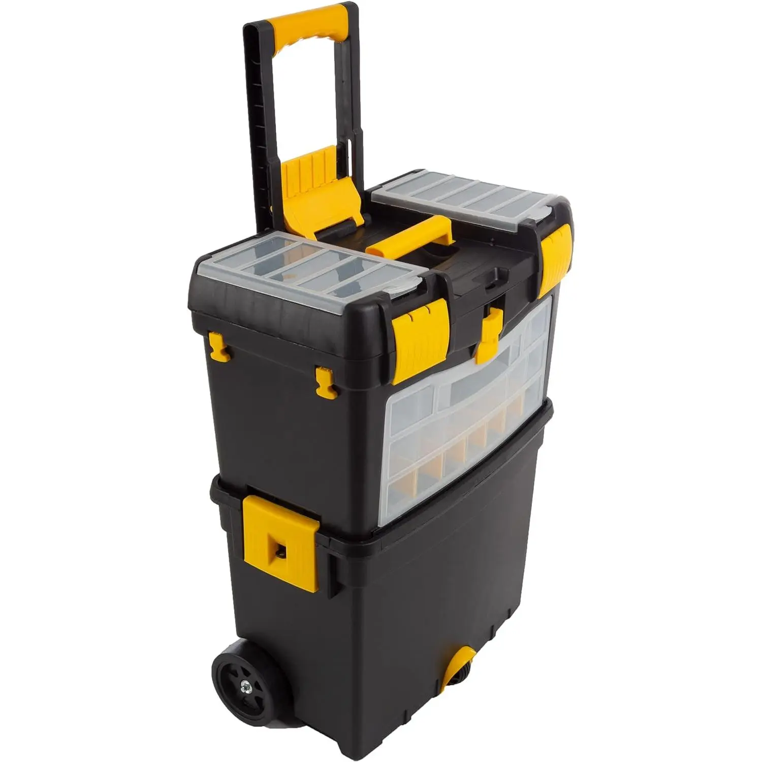 Construction Rolling Tool Box with Wheels - Polypropylene-Metal Build, 17.5"x10"x24.5", Fold-Down Grip, Removable Top, 2 Trays, 24 Compartments, Cable Hooks, Deep Bottom Compartment, Off-Site Job Organizer
