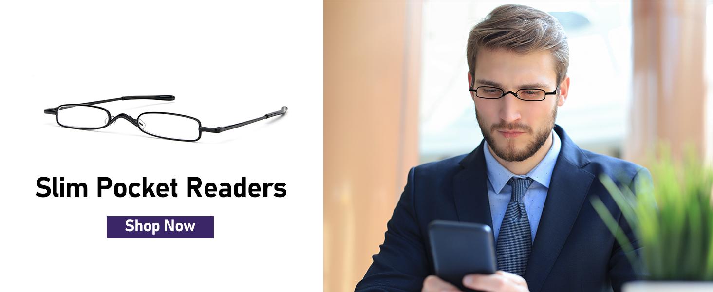 Small Reading Glasses Men Women 3 Pairs Slim Pocket Readers with Pen Clip Metal Case Spring Hinge 2.25