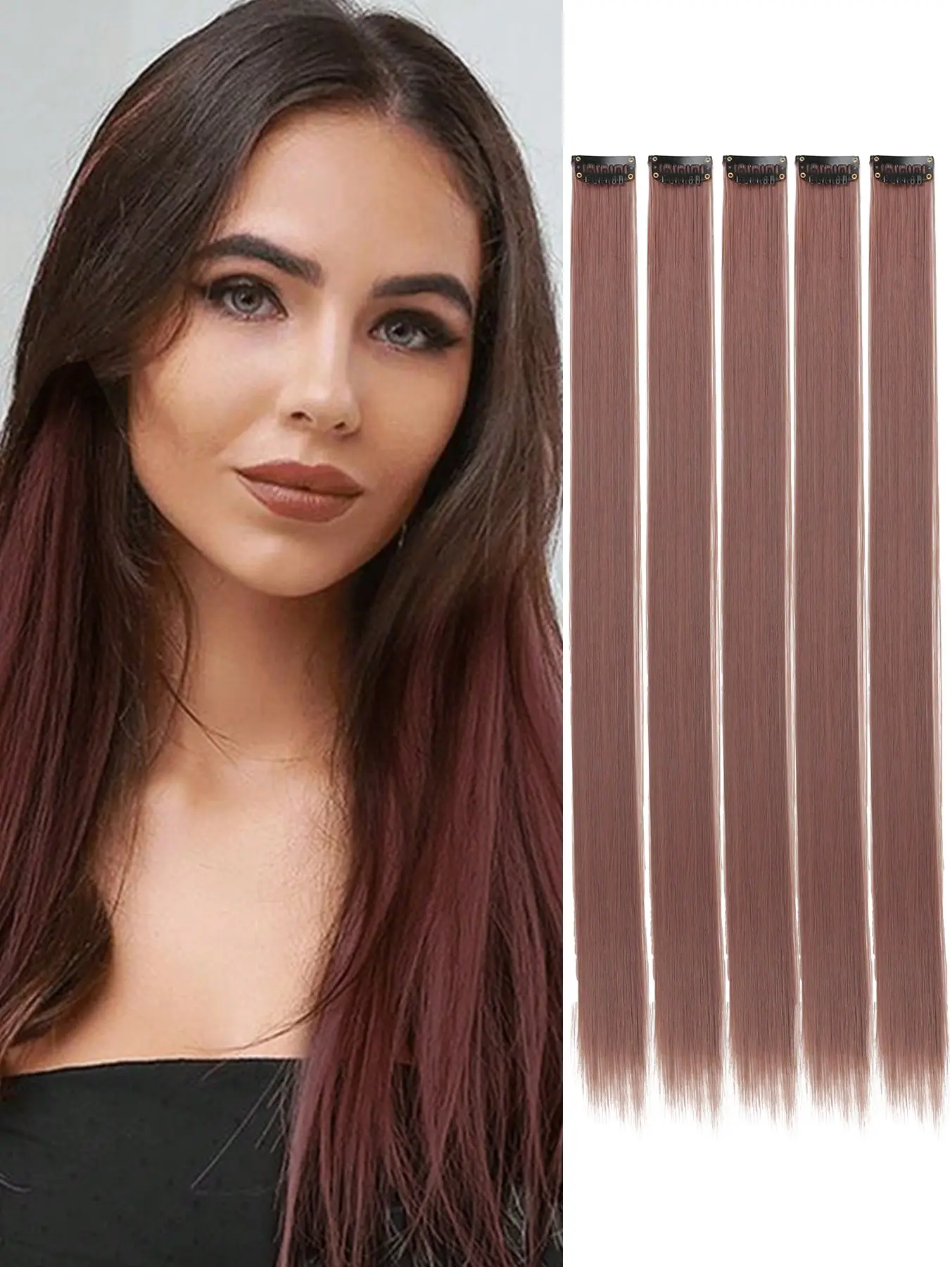 20-Inch Clip-In Straight Hair Extensions (5-Piece Set) – Multi-Colored Highlight Extensions (Yellow, Brown, Pink, Blue, Green) – Synthetic Straight Hair Pieces for Women and Girls – Ideal for Halloween Cosplay, Parties, and Christmas Gifts