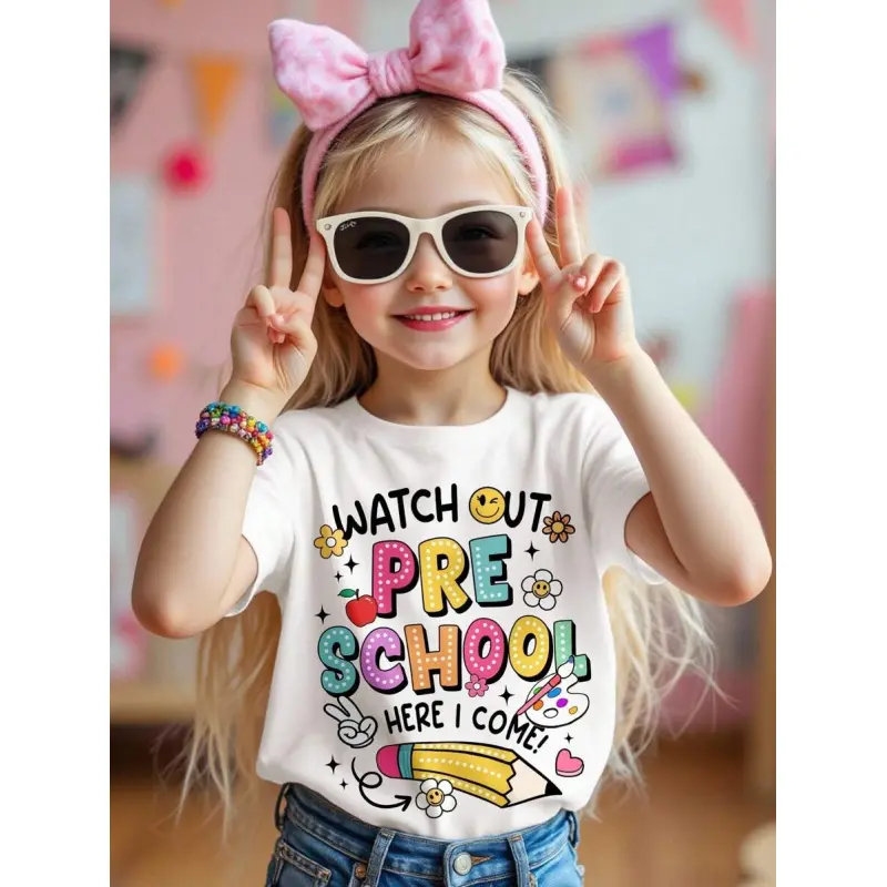 Young Girl White Summer Back-To-School T-Shirt,Crayon & Letter Graphic ""Watch Out Pre School Here I Come!"" Round Neck Short Sleeve