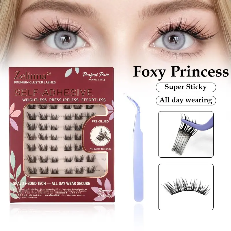 Zelinna Foxy Princess Glueless Lash Clusters, Spiky Wispy Fox Eye Lashes, Self-Adhesive Pre-Glued Press-On Lashes, DIY Lash Extensions