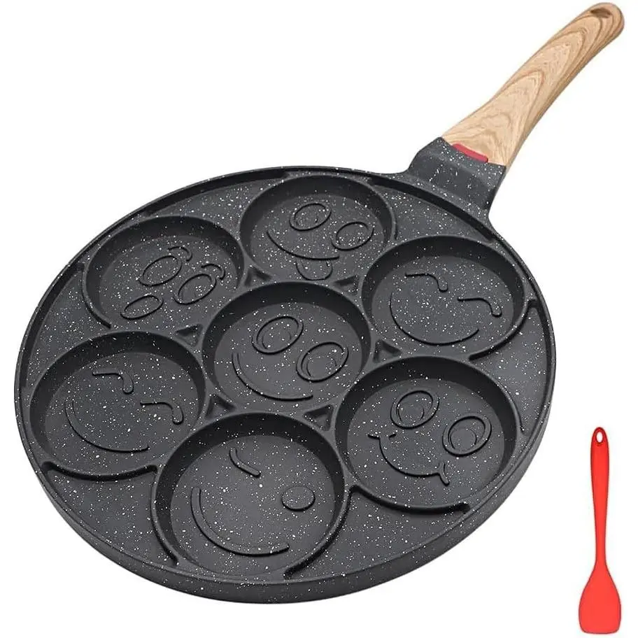 Pancake Pan Induction, Smiley Face Pancake Frying Pan Non Stick, 7 Holes Mini Pancake Maker for Kids 10.4 in - Black