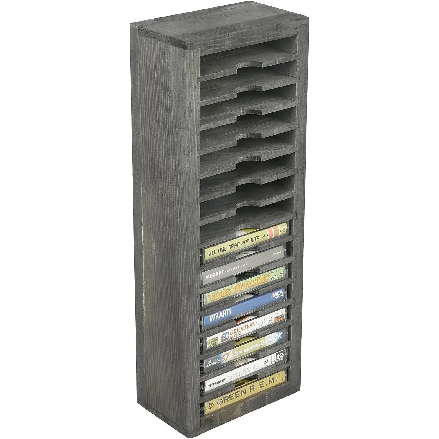 Vintage Gray Solid Wood 16-Slot Cassette Tape Tower Shelf - Freestanding Decorative Organiser for Standard 0.7" Thick Audio Cassette Cases, Farmhouse Room Analog Audiotape Holder Stand