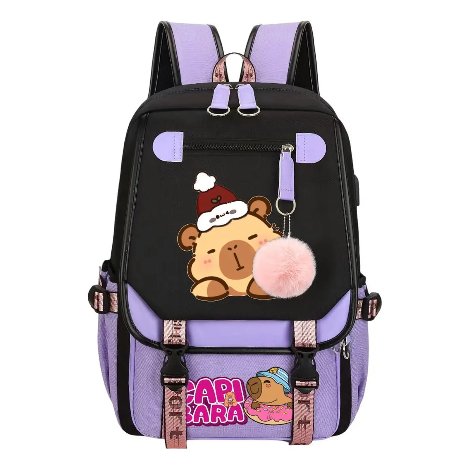Unisex Animal Theme Cotton Linen Capybara Christmas Print Backpack, Teen Student School Bag, Large Capacity, Water-Resistant Durable, Multi-Pocket Organizer, Ideal Birthday/Holiday Gift, 11.4in × 18.1in