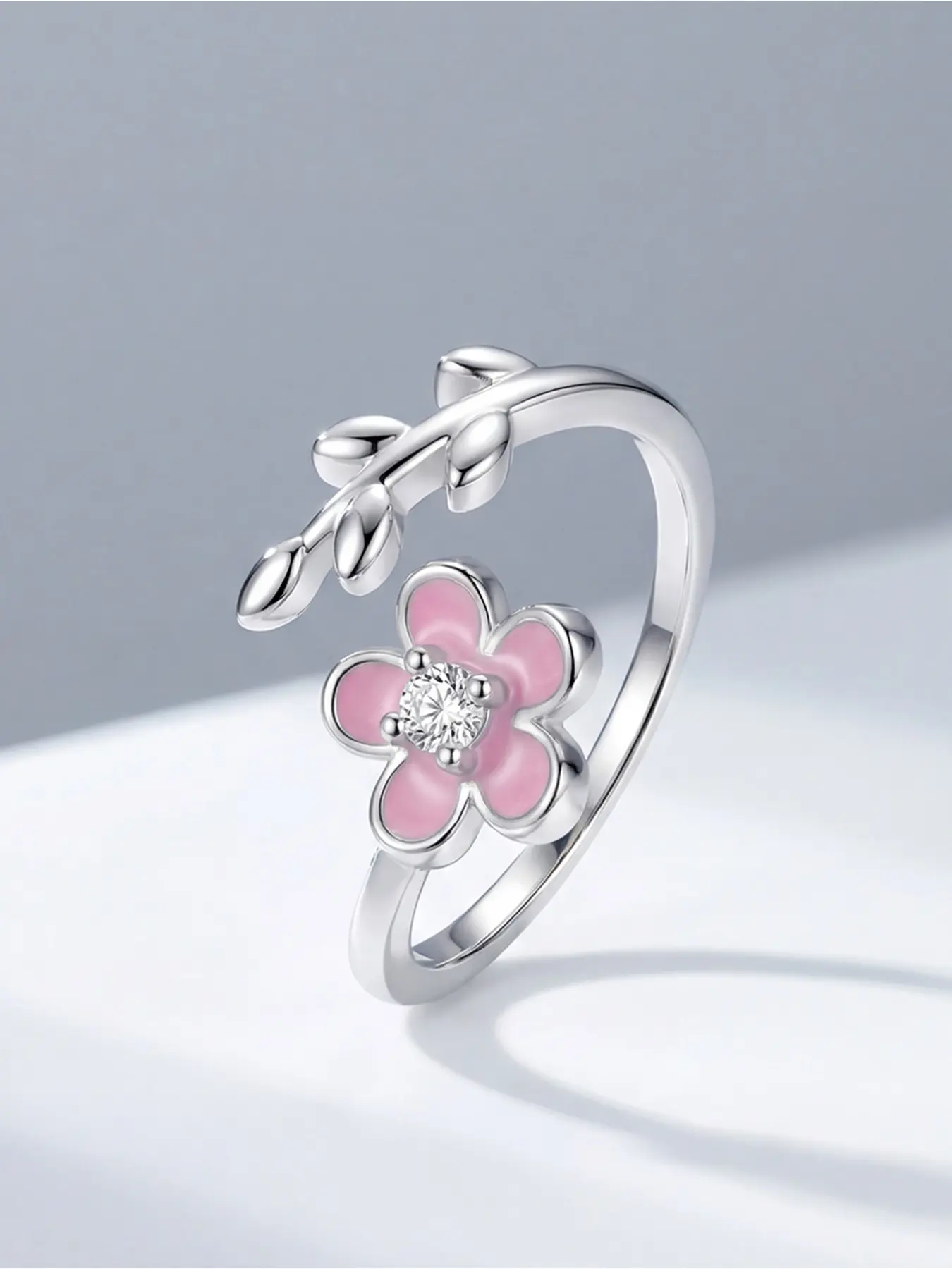 Women's Cherry Blossom Enamel & Zircon Adjustable Ring, Silver Plated, Delicate Everyday Band