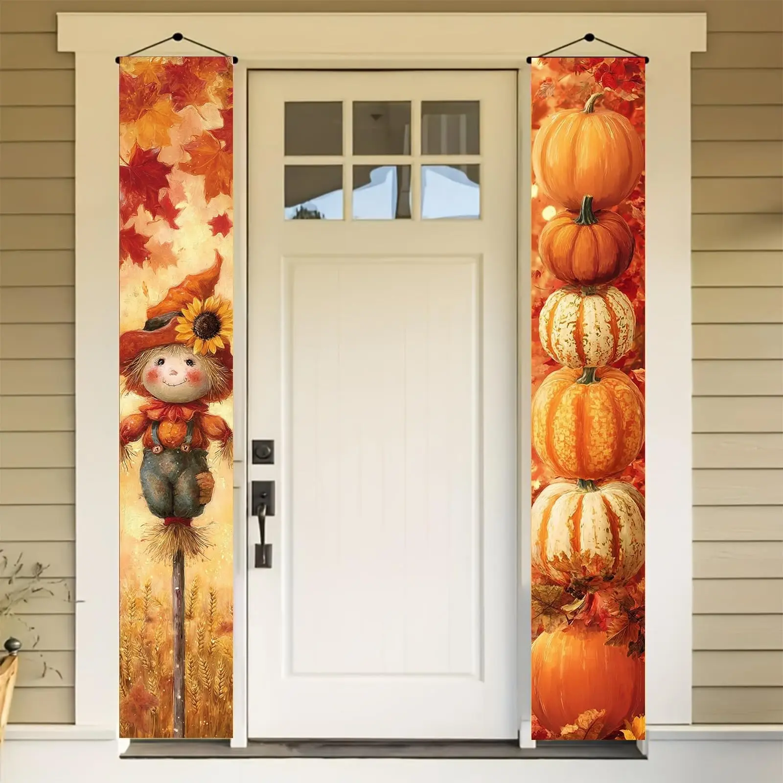 2D Flat Banner Set, Thanksgiving Pumpkin Stack Doorway Banners, Hay Bale Design, Indoor Outdoor Seasonal Display, 2 Pieces