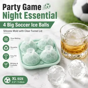 2026 Soccer Ball Ice Mold, 4-Cavity Silicone Ice Cube Tray with Funnel Lid for Sports Party, Game Night, Cocktails, Drinks & Gifts