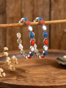 1 Pair Hoop Earrings Patriotic Vintage Red White Blue Beaded Silver C-Shaped for 4th of July Independence Day