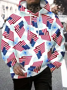 Men's Spring Fall Hooded Sweatshirt, New Flag Pattern 3D Print, Front Zippered Kangaroo Pocket, Outdoor Sports Jacket