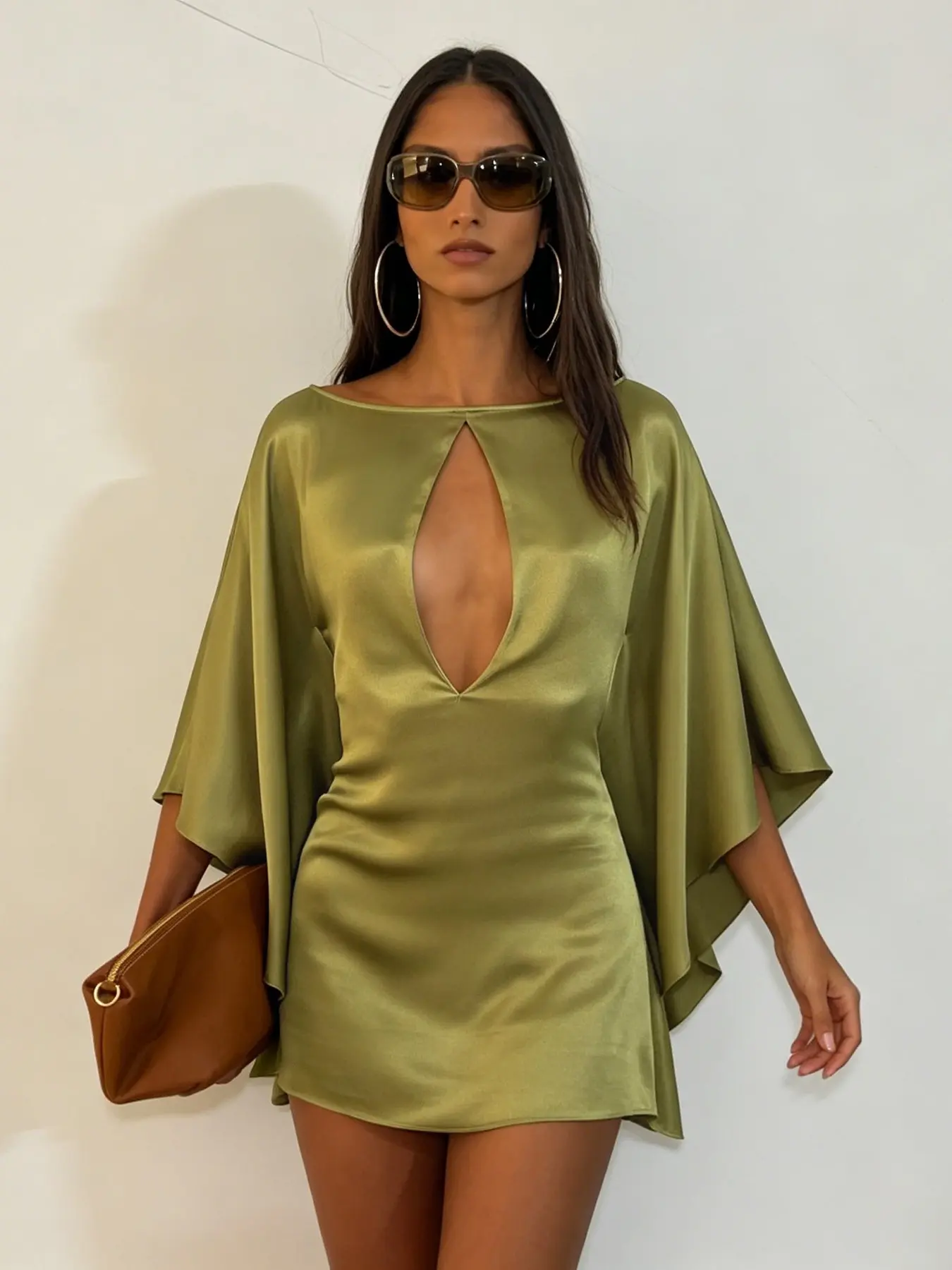 Women's Elegant Chic Flowy Batwing Sleeve Cut-Out Satin Dress, Summer Wear for Parties, Unique Olive Green Short Dress, Perfect for Vacations and Dates