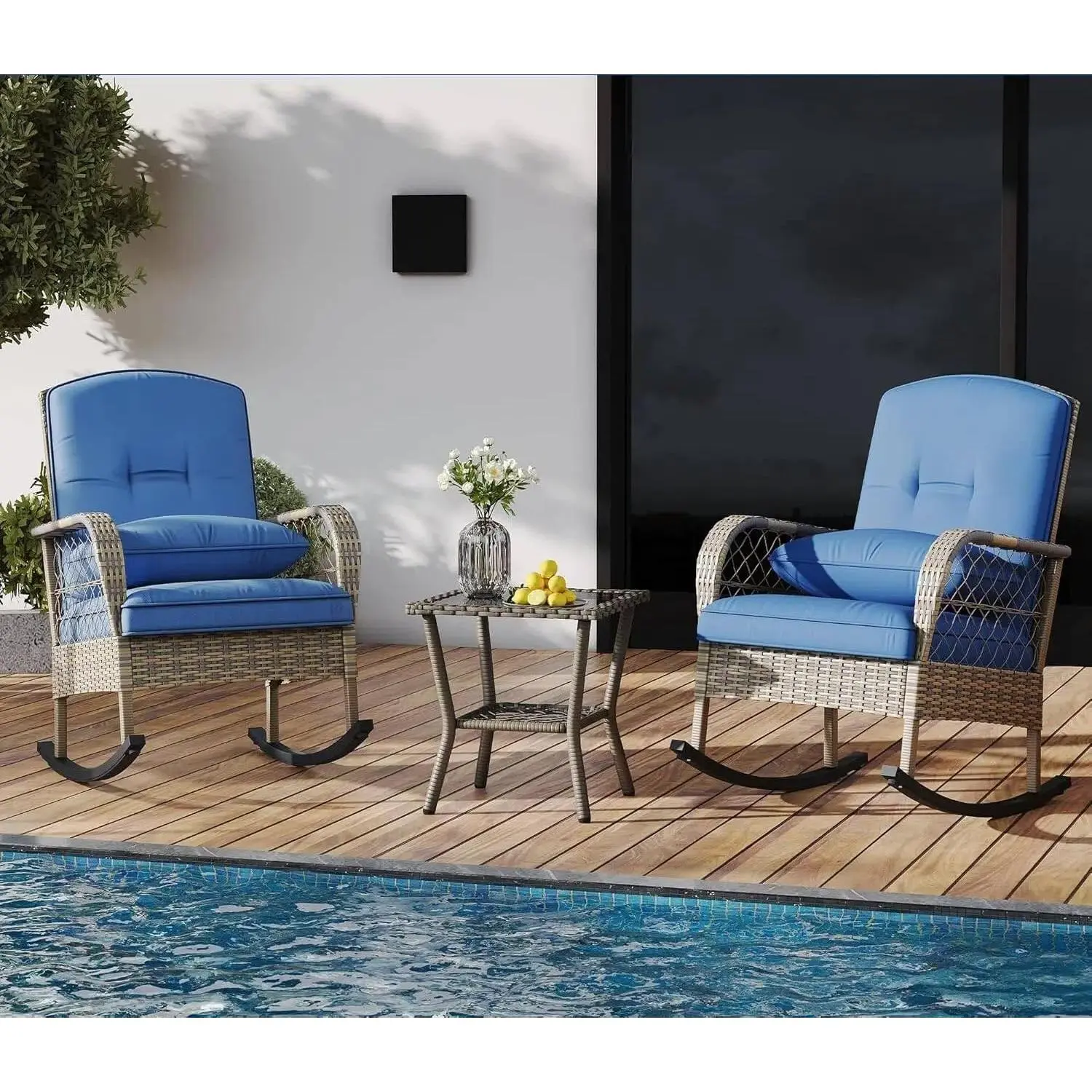 All-Weather Cushioned Seat Outdoor Wicker Rocking Chair - Steel Base, Rattan Patio Lawn Furniture, Cushioned Seats
