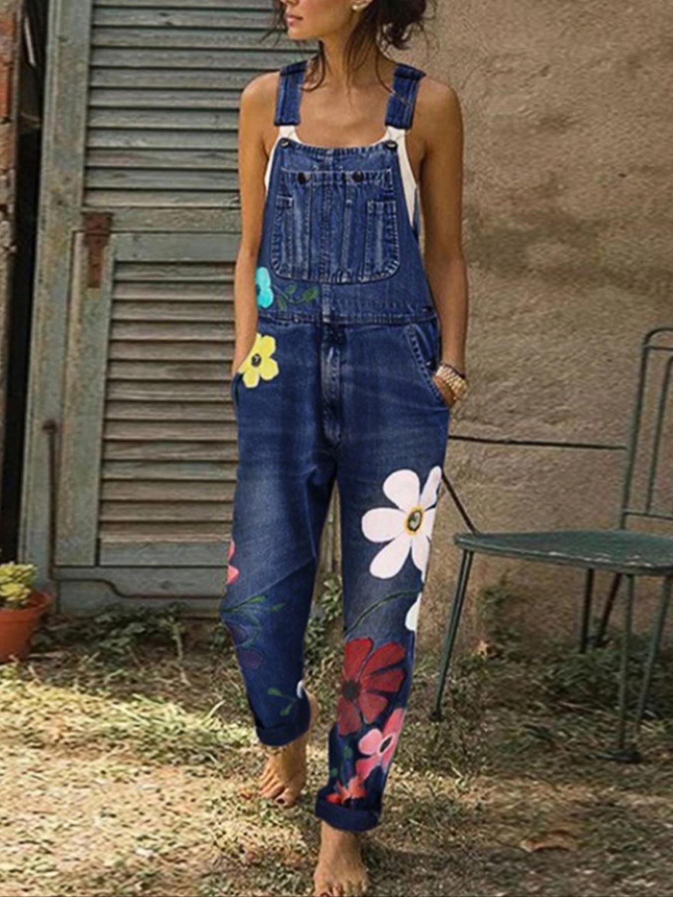 Women's Denim Jumpsuits in Spring, Summer and Autumn, Fit Comfortable and Loose Flower Design with Multiple Pockets, Trendy Street Casual Style, Suitable for Women's Daily Travel, Casual Sleeveless Overalls