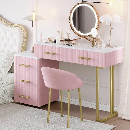 Velvet Upholstered Vanity Desk with Chair, Vanity Set with 5 Big Drawers, Makeup Table with Padded Chair, Marble-Look Sticker Top Dressing Table with Left/Right Adjustable Storage, Pink