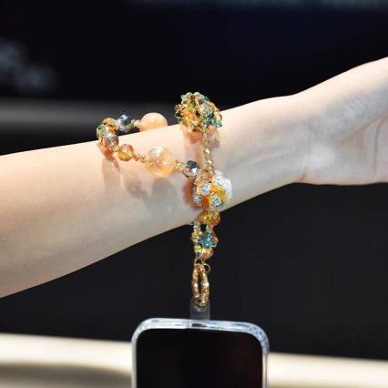 Heavy-duty glass crystal bead DIY pendant, sparkling gemstone double-chain detachable accessory for phone and bag