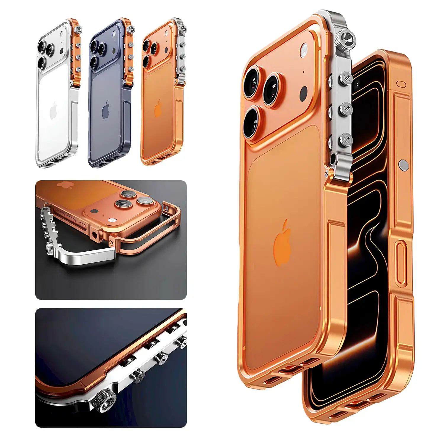 WANRUI_US Full Metal Bezel Bumper Case for iPhone 17 Pro Max / 16 Pro Max 17 16 Pro 16 15 14 13, Full-Frame Armor Aluminum Alloy Bumper No Back Cover, Punk armor style, Mechanical Screw Button Design, Minimalist Bare-Hand Feel Fit Lightweight