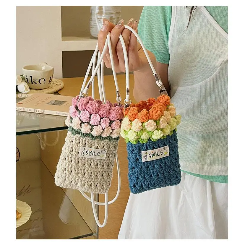 Crochet Floral Crossbody Phone Bag for Women, Handmade Boho Cottagecore Mini Purse, Casual Woven Pouch, Women's Fashion, Synthetic