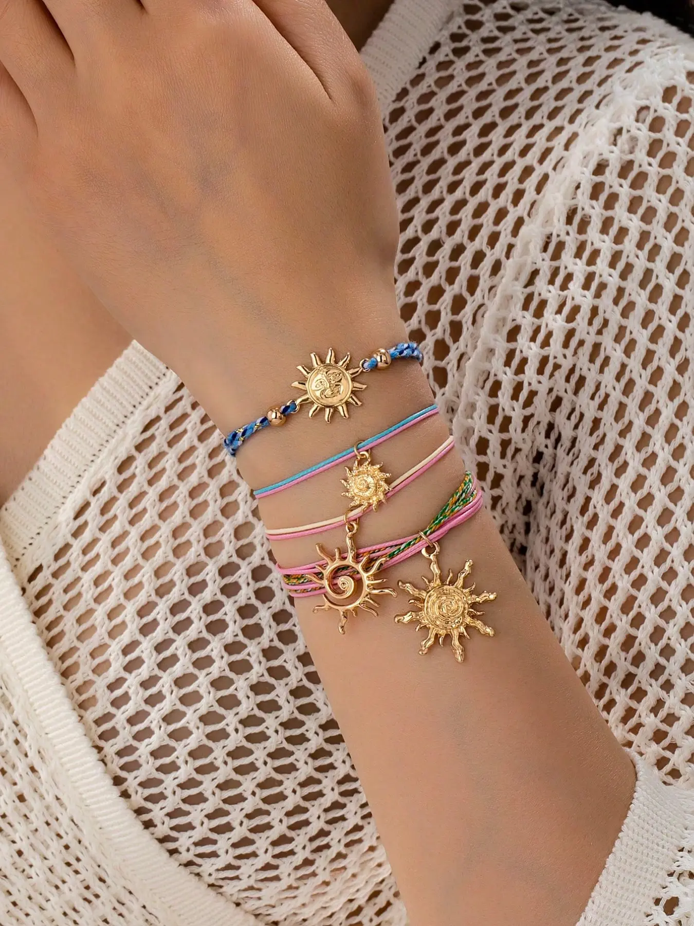 4 Pc Summer Handmade Bohemian String Bracelet Sets with Sun Charm, Spiral Sun Burst Charm Bracelets for Surfing and Beach Wear, Make a wish Bracelets & Anklets for Women