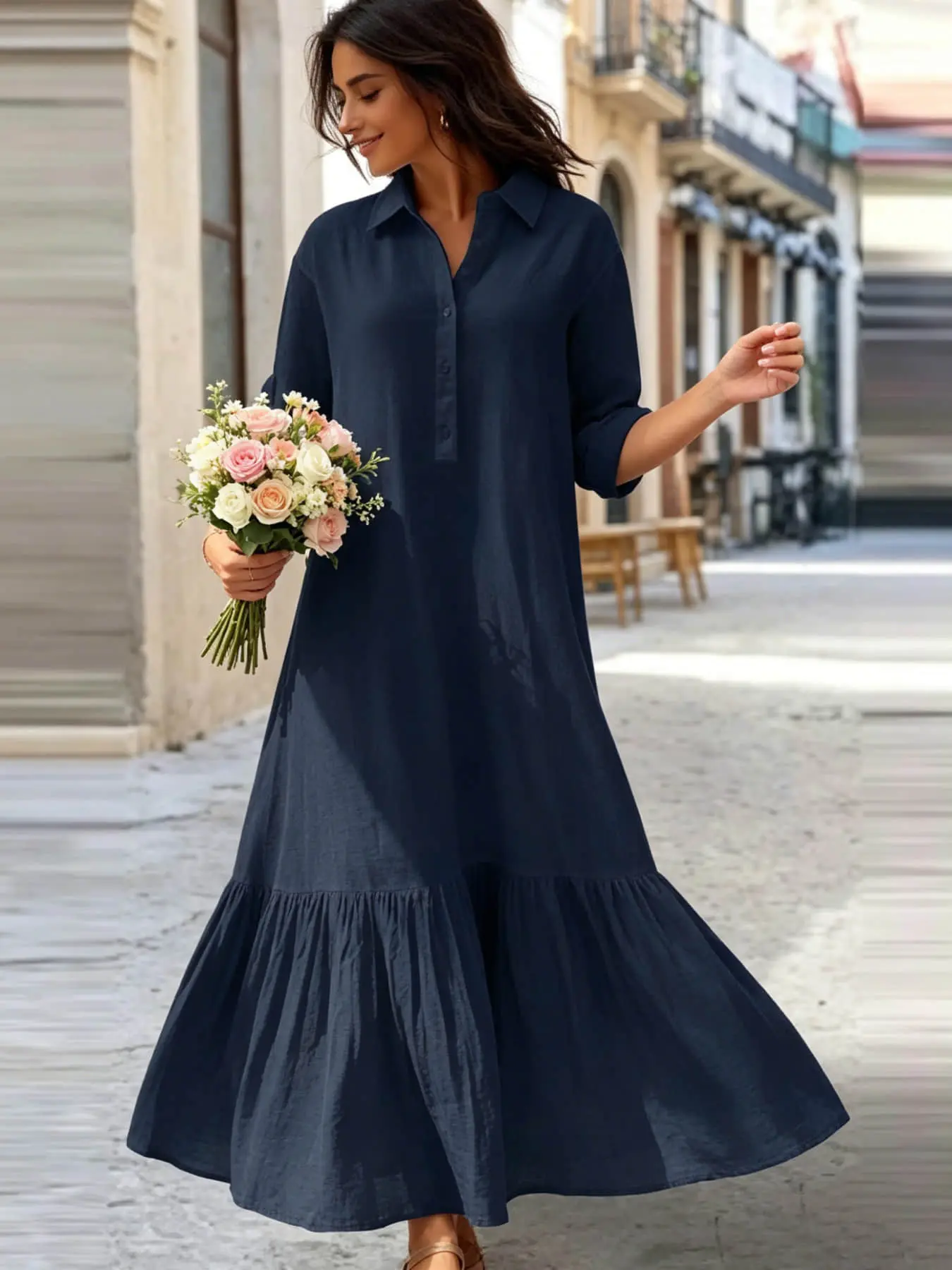 A women's fashionable, gentle, casual, lazy style solid color dress Beach Wear Dress with a shirt collar twist button design, suitable for summer, daily commuting, beach travel, dates, picnics, etc.