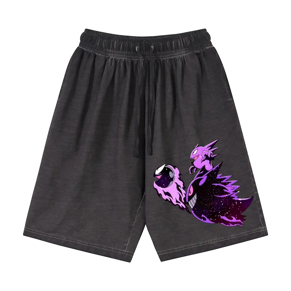 Gradient Washed Oversized Unisex Shorts, Galaxy Nebula Gengar Evolution Anime Side Graphic Shorts, Vintage Y2K Summer Casual Streetwear, Personalized Print Loose Fit Shorts For Men Women