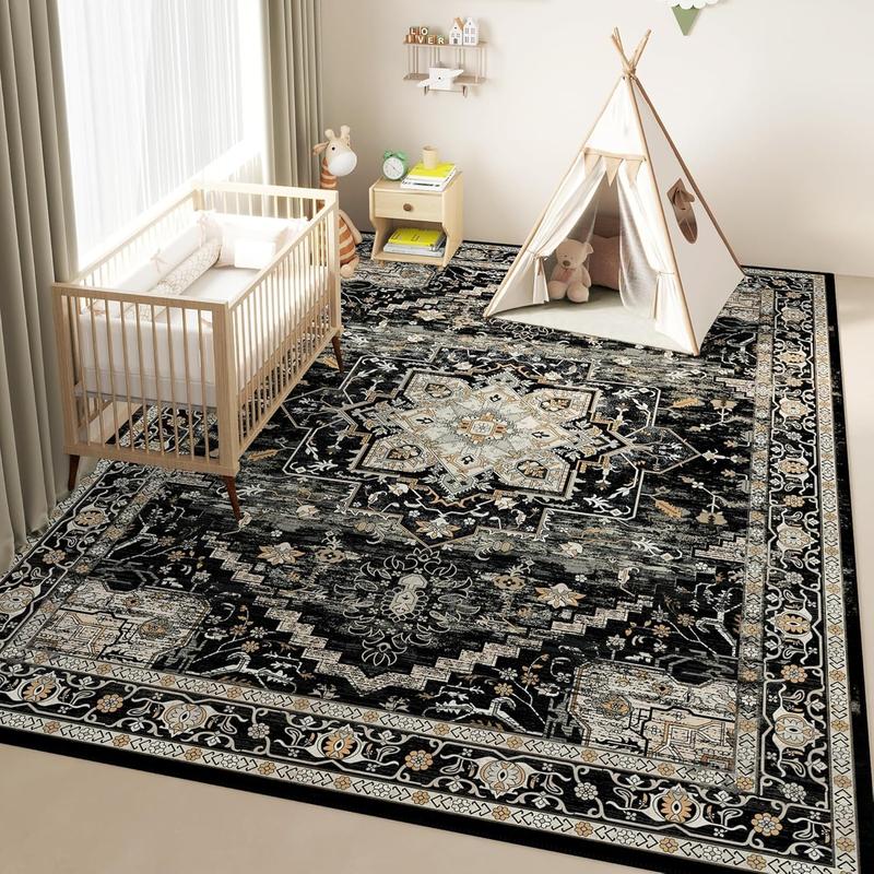 8x10 Washable Area Faux Cashmere Rug for Living Room, Non-Slip Soft Boho Vintage Medallion Carpet, Low Pile Distressed Rugs for Bedroom, Dining Room, Home Offi