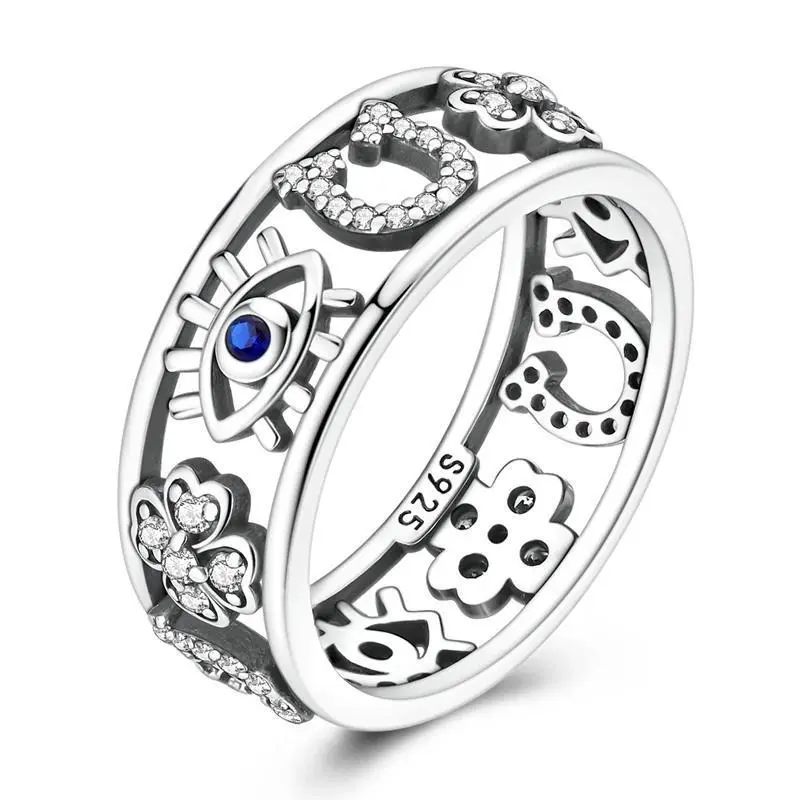Original 925 Sterling Silver Sparkling Four-Leaf Clover Horseshoe Eye Ring For Women Girls Jewelry Birthday Anniversary Gifts